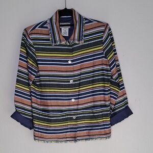 Stonebridge Women's Linen Blend Pockets Fringe Edge Navy Yellow Striped Blazer S